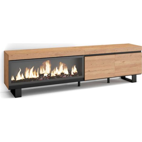 Mueble TV Guaro-01 de 208x57x35 cm con chimenea eléctrica XXL, diseño industrial, color roble y negro (1/4)
