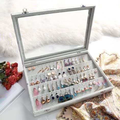 Boîte de rangement pour boucles d'oreilles et bijoux, capacité 50 paires, en velours avec couvercle verrouillable, dimensions 35 cm x 24 cm (1/5)