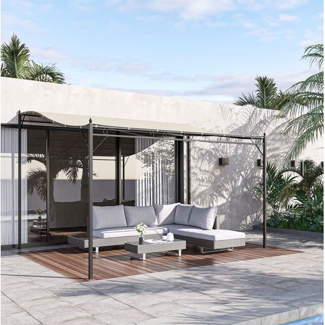 Pergola de jardin en métal blanc crème 297x297 cm, fixation murale, toit incurvé en polyester (1/5)