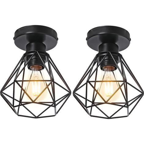 2PCS Plafonnier Rétro Noir Lampe De Plafond E27 Cage En Métal Luminaire Plafonnier Vintage D'Intérieur (1/5)