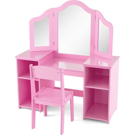 Coiffeuse enfant avec miroir triptyque amovible, table et chaise, coiffeuse ou bureau pour enfants dès 3 ans (1/5)