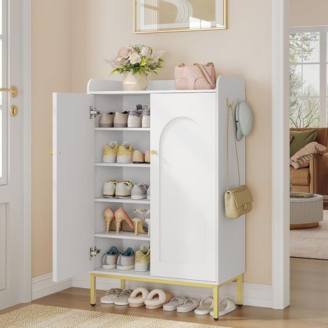 Meuble à Chaussures, Armoire à Chaussures à 5 Niveaux, Séparateur Réglable, 16-20 Paires, Poignée Dorée, Grande Capacité pour Entrée, Couloir, Blanc (1/5)