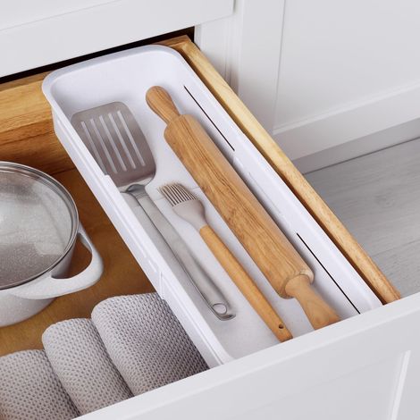 Poubelle à tiroir coulissante, organiseur de rangement de cuisine extensible et réglable, 1, blanc moucheté (1/5)