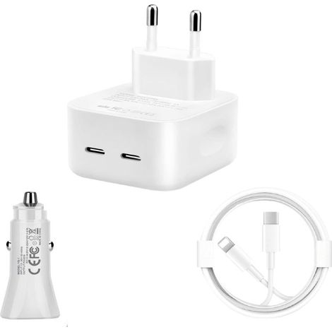 Kit de charge rapide 40 W avec double chargeur USB-C pour iPhone 14 Pro, 13 et 12 Pro Max, câble de données de 1 m, adaptateur allume-cigare USB-C 37 W et chargeur USB-C 20 W. (1/5)