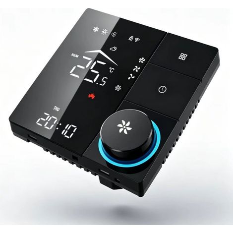 Thermostat de climatisation central WIFI 3 vitres noir avec écran LED et contrôle à distance
