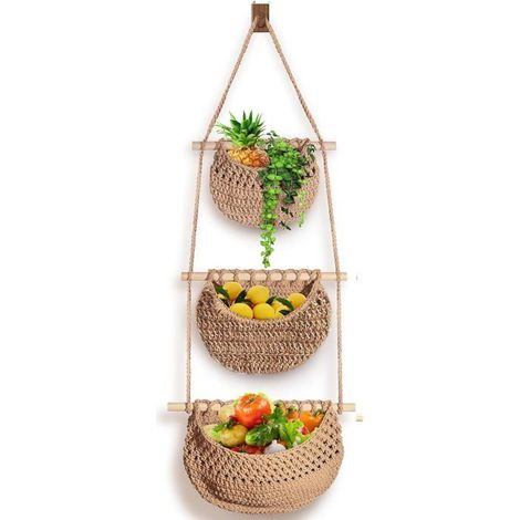 Ecleanfy - Ce panier à fruits et légumes suspendu à trois niveaux est fabriqué en corde de jute tressée et se fixe au mur. (1/4)