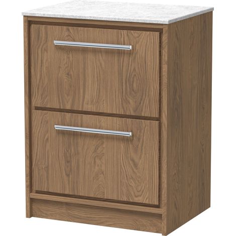 Longnor 2 Drawer Floor Standing Vanity Unit with White Marble Worktop, Antique Oak, 600mm