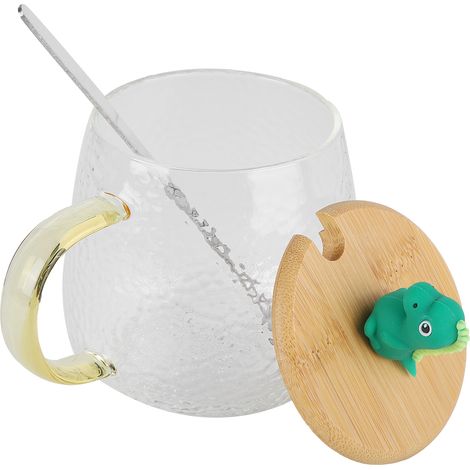 Tasse mignonne de 400 ml en verre borosilicate résistant à la chaleur avec cuillère en acier inoxydable et couvercle en bambou (motif dinosaure) (1/5)