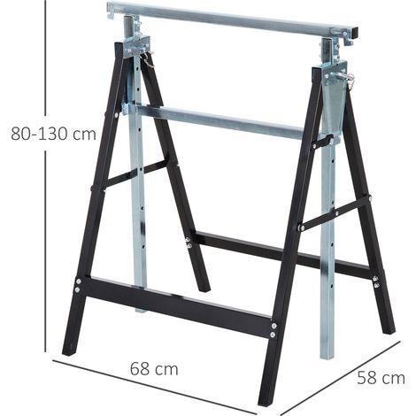 Set mit 2 klappbaren Metall-Sägeböcken mit verstellbarer Höhe, Stahl-Sägeböcke 68x58x80-130 cm, Schwarz