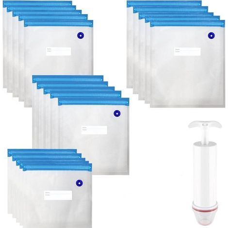 Longziming - Sacs sous vide réutilisables pour aliments - Lot de 20 - Avec valve et fermeture éclair - Clips de fermeture pour pompe - Sacs sous vide pour cuisson sous vide - Pour viande et aliments - (1/5)