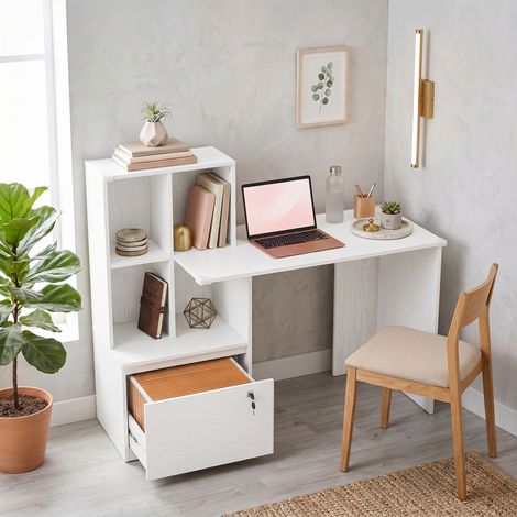 Bureau d'ordinateur bibliothèque 4 compartiments tiroir verrouillable. 126x50x109 cm grain bois blanc, rangement complet et élégant pour votre bureau. (1/5)