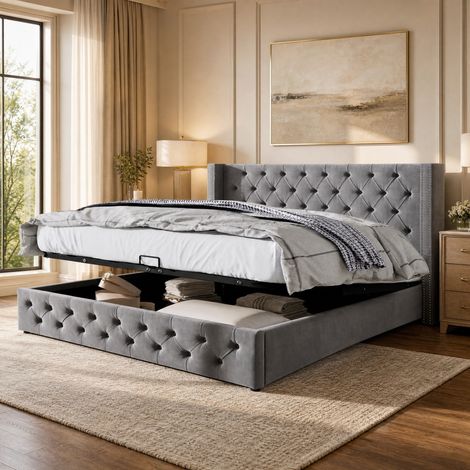 MEUBLIV Bett 160x200 cm grau – hydraulischer Bettkasten, gepolstertes Kopfteil, ohne Matratze (1/5)