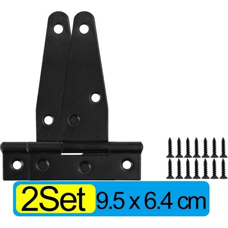 (Lot de 2 - 9,5 x 6,4 cm) Charnières en fer en forme de T, robustes, noires, pour portes, portails, armoires, granges, pièces, etc., avec vis et supports de fixation. (1/5)