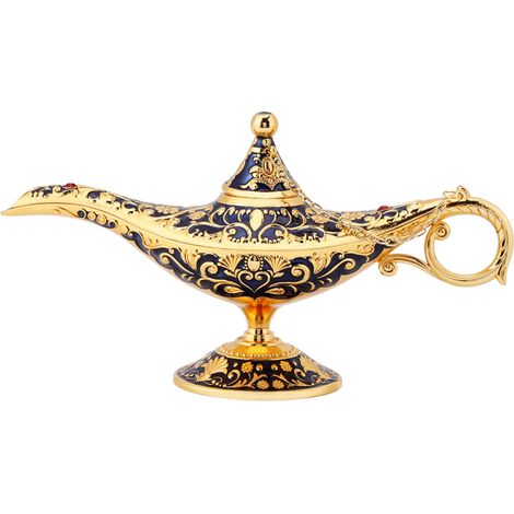 Lampe à huile et théière rétro sculptée métal, décoration intérieure bleu saphir (1/5)