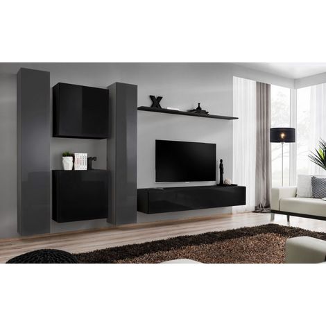 Ensemble mural - Switch VI - 2 vitrines verticales - 1 vitrine carrée - 1 banc TV - 1 étagère - Noir et graphite - Modèle 1 - Livraison gratuite