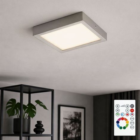 Deckenlampe nickel Wohnzimmerleuchte modern Deckenpanel dimmbar, RGB LED quadratisch Fernbedienung, LED 6W 480lm 3000K warmweiß, LxBxH 22,5x22,5x3,5cm