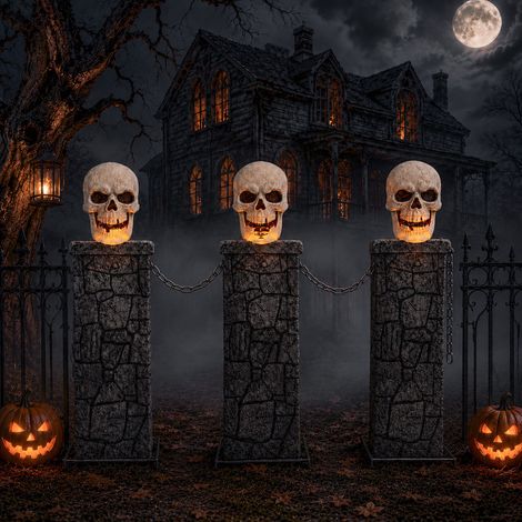 90cm x 1.2m Battery Powered Light Up Halloween Skull Fence with LEDs (1/5)
