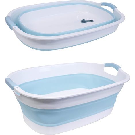 30L Folding Plastic Basin with Drain Plug – Space-saving laundry tub, ideal for washing clothes, dirty laundry, foot baths – Blue (1/5)