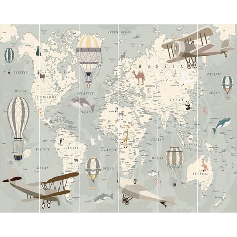 Papier peint mural 305x244 cm – Motif carte du monde – Lavable – Colle incluse – Décoration chambre enfant – Walltastic (1/4)
