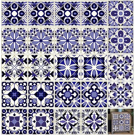 24 Pièces Stickers Carrelage, Bleu Stickers Carreaux Autocollant, Style-Marocain Carrelage Adhesif Mural, Imperméable Autocollant Carrelage, 10 Styles, pour Salle de Bain, Cuisine, Balcon (1/5)
