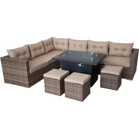 Rattan Corner 9 Seater Rattan Garden Furniture Set, Gas Fire Pit Table Set - Nature (1/5)