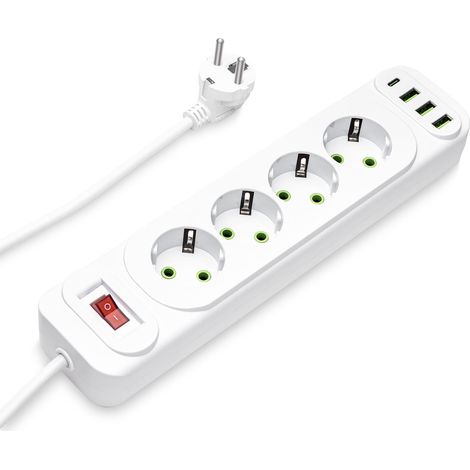 Multiprise 4 Prises avec USB-C, Prise Multiple, Protection Contre Les surtensions avec commutable, Prise de Distribution Murale, multiprise avec câble d'extension de 2 m, Couleur : (1/5)