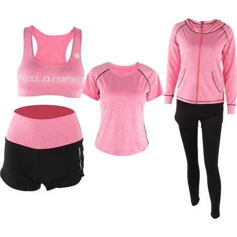5-teiliges Yoga-Set für Damen, Sportbekleidung: Jacke, Langarmshirt, Leggings, Shorts, rosarot, Größe XXL (1/5)