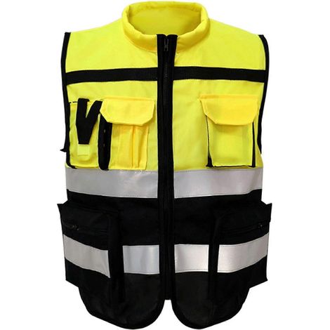 Gilet de sécurité réfléchissant haute visibilité, fermeture éclair frontale, col souple, poches, jaune et noir, taille XXL 180 (1/5)