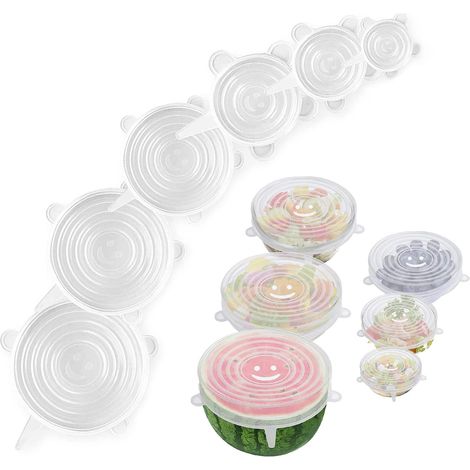6 Pièces Couvercles Silicone, Film etirable Alimentaire reutilisable, Couvercle Universel de 6 Tailles Differentes pour Micro-Ondes,Le Four,Le Frigo,Le Lave-Vaisselle (1/3)