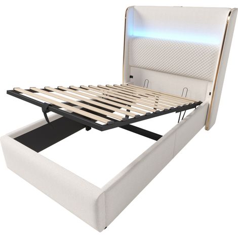 Lit coffre hydraulique moderne 90x200 cm beige avec tĂŞte de lit haute LED et matelas (1/5)