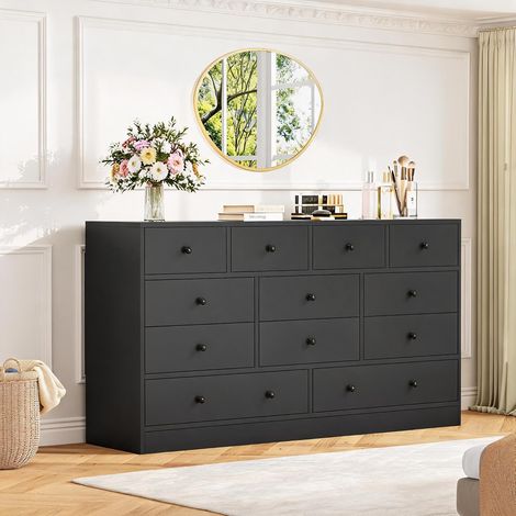 Commode à 12 tiroirs en bois avec prises et ports USB intégrés, grand meuble TV pour salon, chambre et dressing, glissières métalliques, tiroirs de tailles variées, 155 cm, noir (1/5)