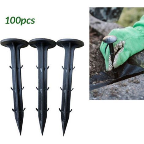 100 Piquets de Jardin pour la Fixation des Tissus Anti Mauvaises Herbes Plastique Noir Piquet de Terre pour Toile de Paillage