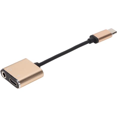 Adaptateur Audio USB-C vers Jack 3.5mm Doré avec Double Port de Recharge, Mini Convertisseur Portable