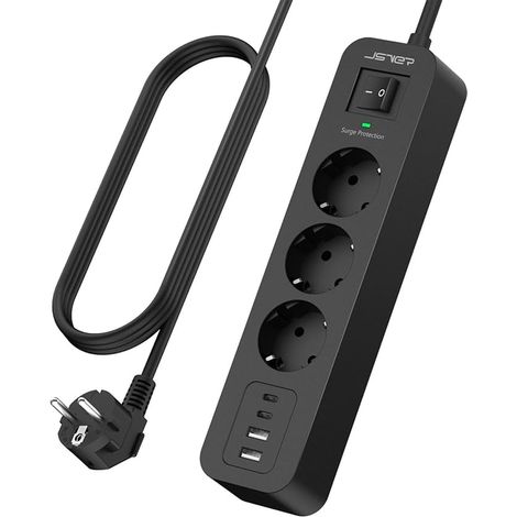 Multiprise Parafoudre et Surtension avec 3 Sortie AC et 4 Ports USB(2 Typ C), Adaptateur Secteur 3680W avec Interrupteur et Rallonge Electrique 2M, Mult Prise USB C pour Bureau et Maison-Noir (1/5)