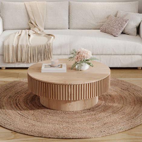 Table Basse Ronde - 75x75x35cm - Table d'Appoint en Placage Bois Massif avec Rangement Caché Style Moderne - Bois Naturel (1/5)