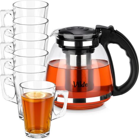 Teiera in vetro resistente al calore con infusore da 1,5 l + bicchieri da 255 ml (6 pezzi). (1/5)