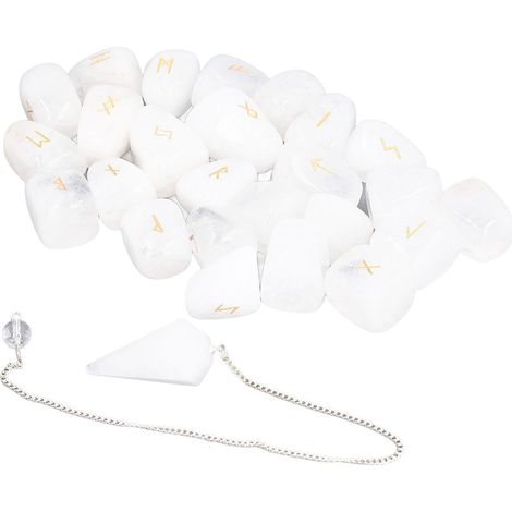 Ensemble de 25 pierres runiques en cristal avec pochette pour pendule - Pierres runiques de guérison, de chance et de divination pour la méditation - Cristal blanc (1/5)