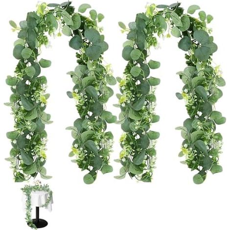 2 Stück Grün Eukalyptus Girlande Künstlich Kunstpflanzen Eukalyptus Deko 1,8m Hängepflanzen Mit Weiße Blumen Eukalyptusranke Für Hochzeitsbögen, Tischdekoration, Garten & Wohnen