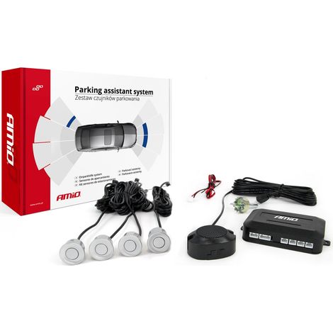 Kit de sensores de estacionamiento traseros con zumbador, 4 sensores plateados amio-01021 (1/5)