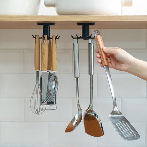 Crochets de cuisine en 2 pièces pour sous les meubles hauts - Crochets pivotants - Porte-couverts - Crochets sans colle ni perçage - Crochets pivotants à 360° - Support de cuisine multifonctionnel - N (1/5)