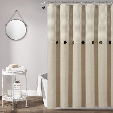 Rideau de Douche en Coton tissé et Lin Beige à Rayures Style Rustique 183 x 183 cm (1/5)