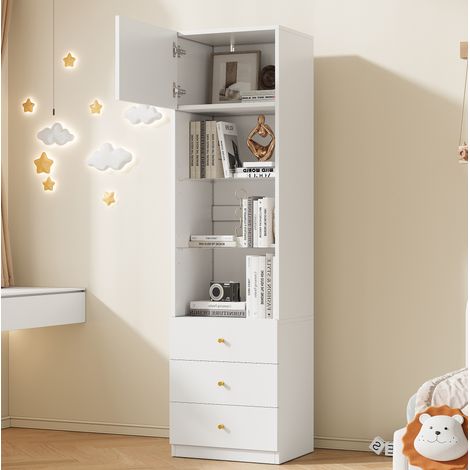 Vetrina 50x40x180 cm bianca in MDF e vetro con ripiani in vetro regolabili e 3 cassetti (1/5)