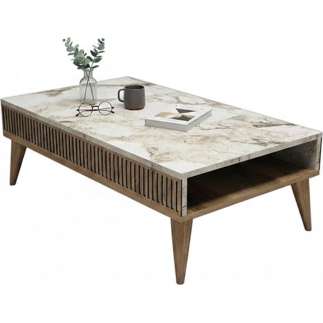 Dmora - Tavolino da salotto Capricorn, Tavolo basso da caffè, Portariviste per divano, Ripiano da soggiorno, 105x60h35 cm, Noce e Bianco, con imballo rinforzato, con imballo rinforzato