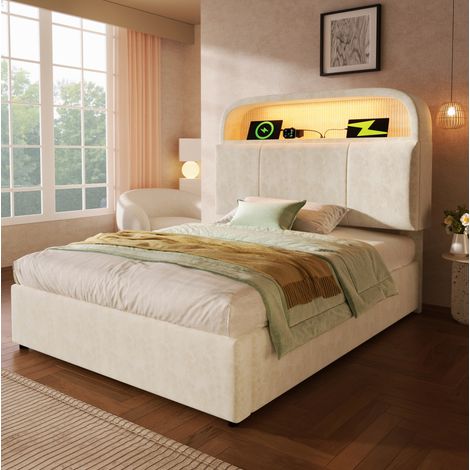 MEUBLIV Bett 90x200 cm Beige – verstellbares Kopfteil, LED, mit Matratze (1/5)