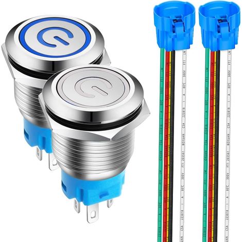 2pcs 19mm Acier Inoxydable Verrouillage Bouton Poussoir Interrupteur, LED de Symbole d'alimentation 12V-24V 5A Interrupteur à Levier Étanche avec Fiche à Douille (LED Bleu + Blanc) (1/5)