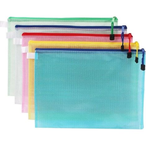 Cinco bolsillos con cremallera para documentos, tamaño A4, fabricados en plástico de malla, ideales para material de oficina y almacenamiento. (1/5)