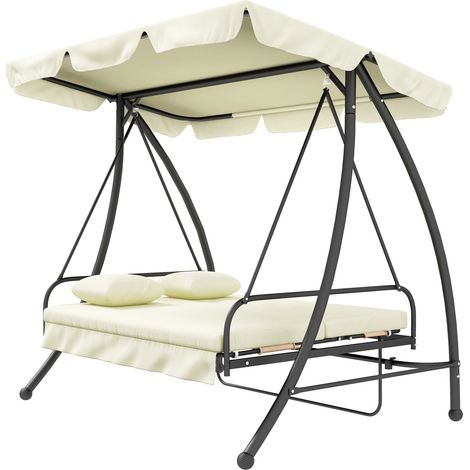 Outsuuny 2 in 1 Hollywoodschaukel mit Liegefunktion 3-Sitzer Gartenschaukel mit verstellbarem Sonnendach, Schaukelbank belast bis 240kg, Gartenliege für Garten, Terrasse, 200x125x170 cm, Cremeweiß Aos