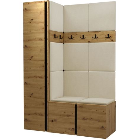 Meuble d'entrée Pinis IX, Chêne Artisan, 186x124x46cm, Stratifié, Tissu, Murale, À poser