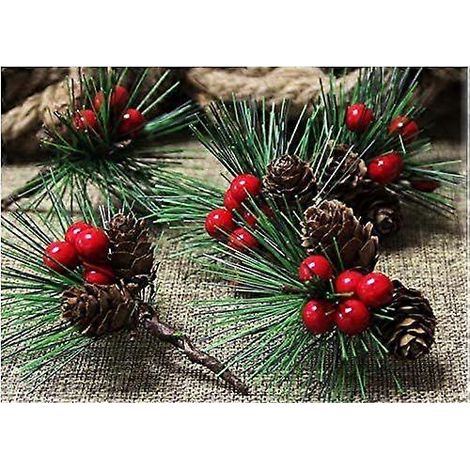 Künstliche Kiefernzweige, kleine Kiefernzweige mit künstlichen roten Beeren für weihnachtliche Blumenarrangements, Kränze und Partydekorationen (10 Stück) (1/4)