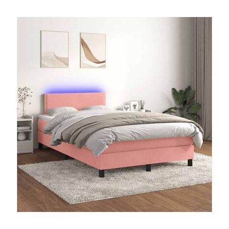 Sommier Snowco en velours rose 120 × 190 cm et matelas LED, velours doux et confortable, éclairage led d’ambiance, idéal chambre à coucher, style moderne, montage simple (1/5)